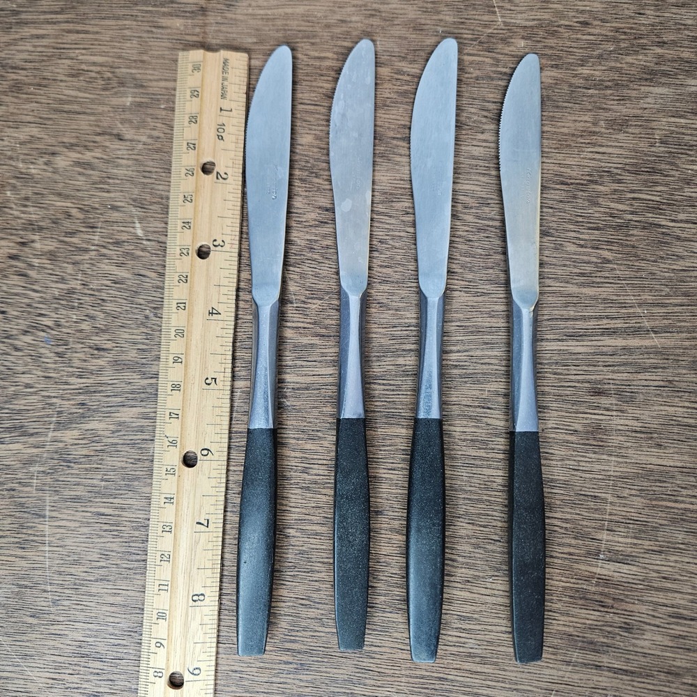 Kingston Stainless Japan Steak Dinner Knives Set 4 Black Tapered Handle MCM Vtg